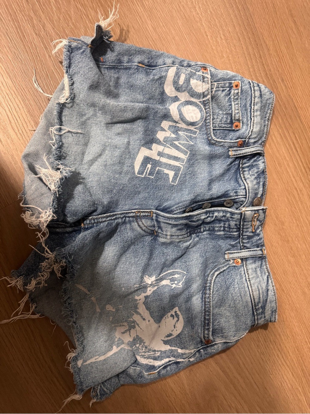 Blue Distressed Women’s Denim Shorts with Graphic Detail